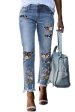 Sky Blue Printed Patch Ripped Skinny Jeans Online Hot Sale