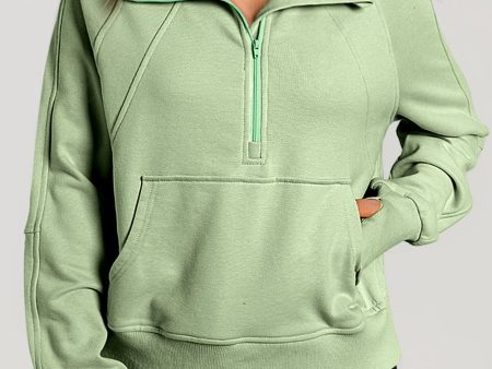 Smoke Green Quarter Zip Stand Neck Kangaroo Pocket Sweatshirt For Discount