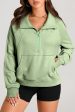 Smoke Green Quarter Zip Stand Neck Kangaroo Pocket Sweatshirt For Discount