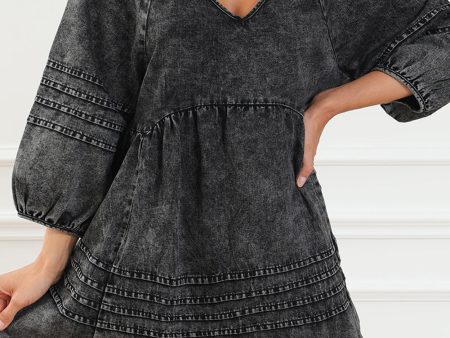 Black Pleated V Neck Puff Sleeve Denim Babydoll Dress For Discount