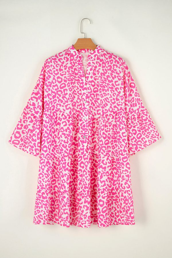 Bright Pink Leopard Printed Long Sleeve Buttoned Front Mini Dress For Sale