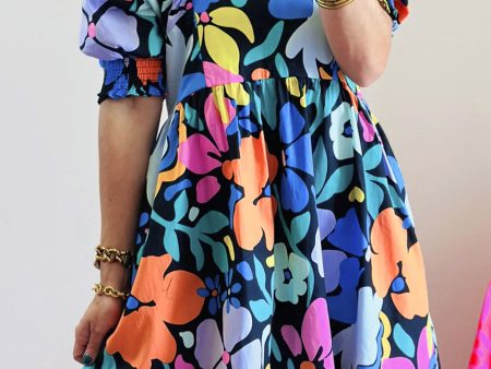 Blue Collared Split Neck Floral Flared Dress Online Sale