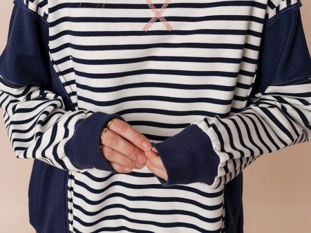 White Stripe Color Block Exposed Seam Loose Fit Sweatshirt Hot on Sale