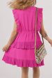 Bright Pink Solid Color Pleated Layered Flutter Mini Dress Cheap