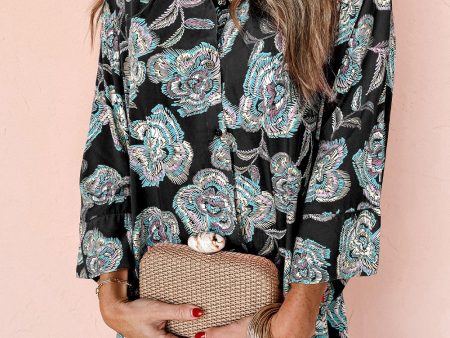 Black Floral Print Lapel Collar Loose Shirt Mini Dress For Sale