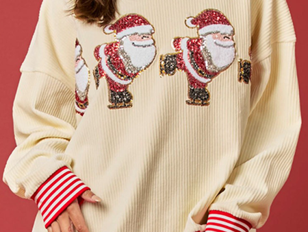 Beige Santa Skiing Graphic Striped Trim Corded Sweatshirt Hot on Sale