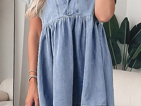 Beau Blue Lapel Neck Cap Sleeve High Waist Denim Babydoll Dress on Sale