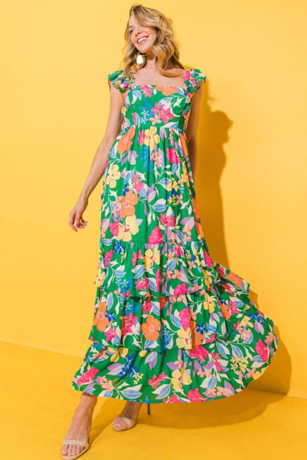 Green Floral Print Sleeveless Ruffle Tiered Maxi Dress For Discount