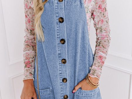 Beau Blue Wide Strap Button Front Pocketed Denim Mini Dress Sale