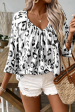 Black Leopard Print Ruched V Neck 3 4 Sleeve Blouse Sale