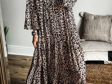 Apricot Leopard Print Tiered Wide Sleeve Maxi Dress Fashion