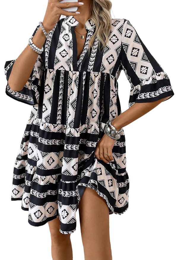 Black Geometric Print V Neck Ruffled Dress Sale