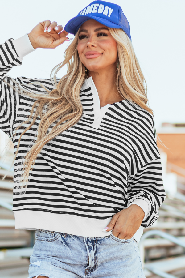 White Stripe Color Block Buttoned Crew Neck Oversized Sweatshirt Cheap