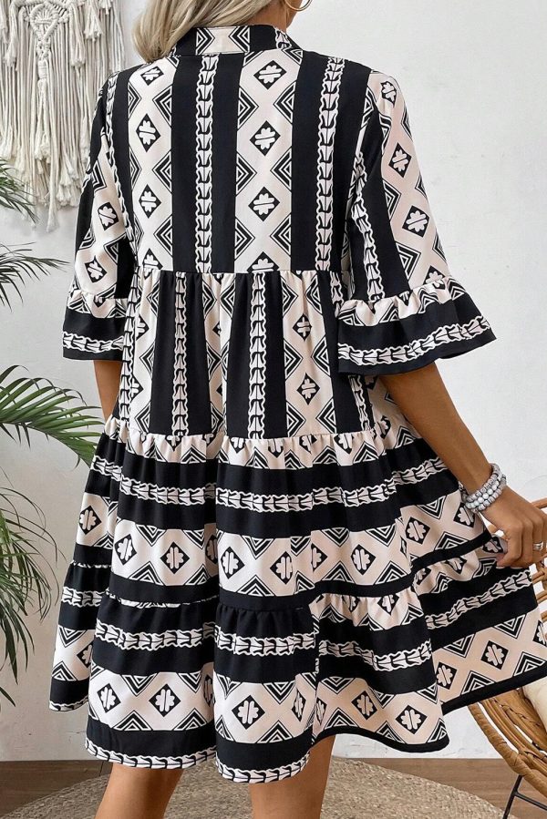 Black Geometric Print V Neck Ruffled Dress Sale