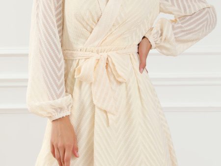 Apricot V Striped Sheer Puff Sleeve Surplice Knot Mini Dress on Sale