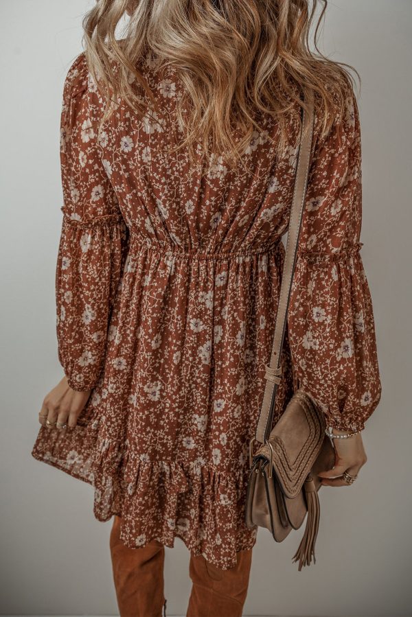 Brown Boho Floral Ruffled Puff Sleeve V Neck Mini Dress Cheap