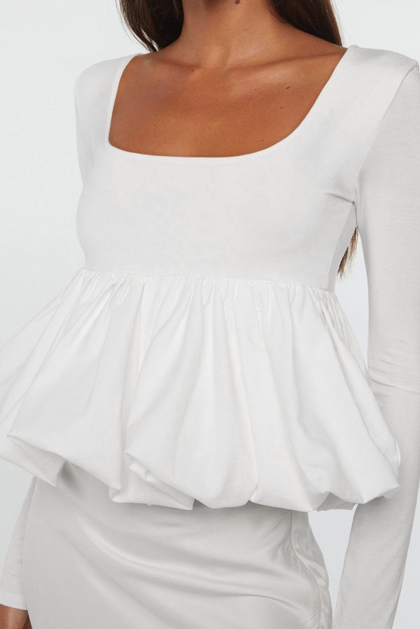 White U Neck Long Sleeve Bubble Hem Top Online Sale